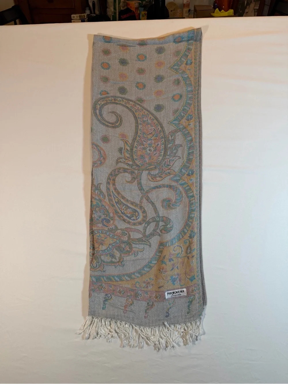 Pashmina Paisley Blue and Gold 100% Cashmere Reversible 050